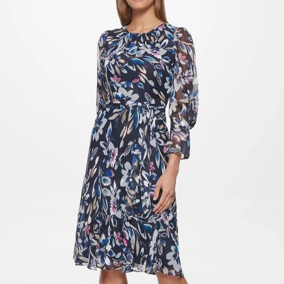 Dkny | Dresses | Dkny Floral Long Sheer Sleeve A Line Midi Modest Belted  Dress 2 Navy | Poshmark